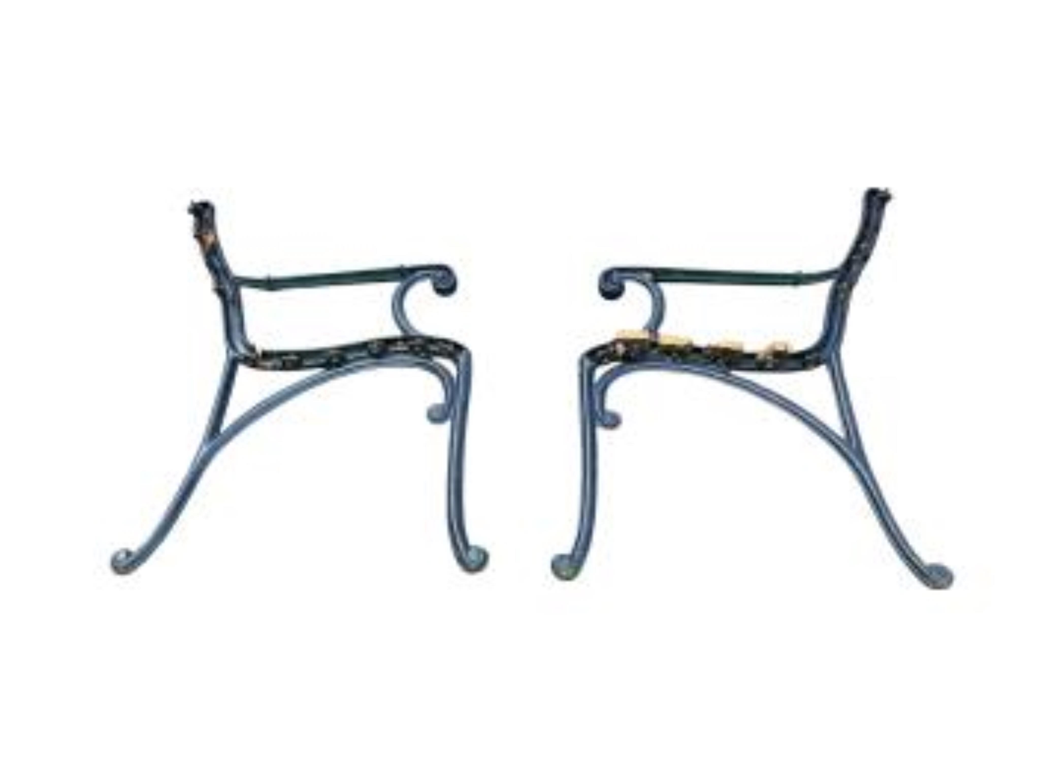 A cast metal slatted garden bench and three matching garden armchairs and four bench ends